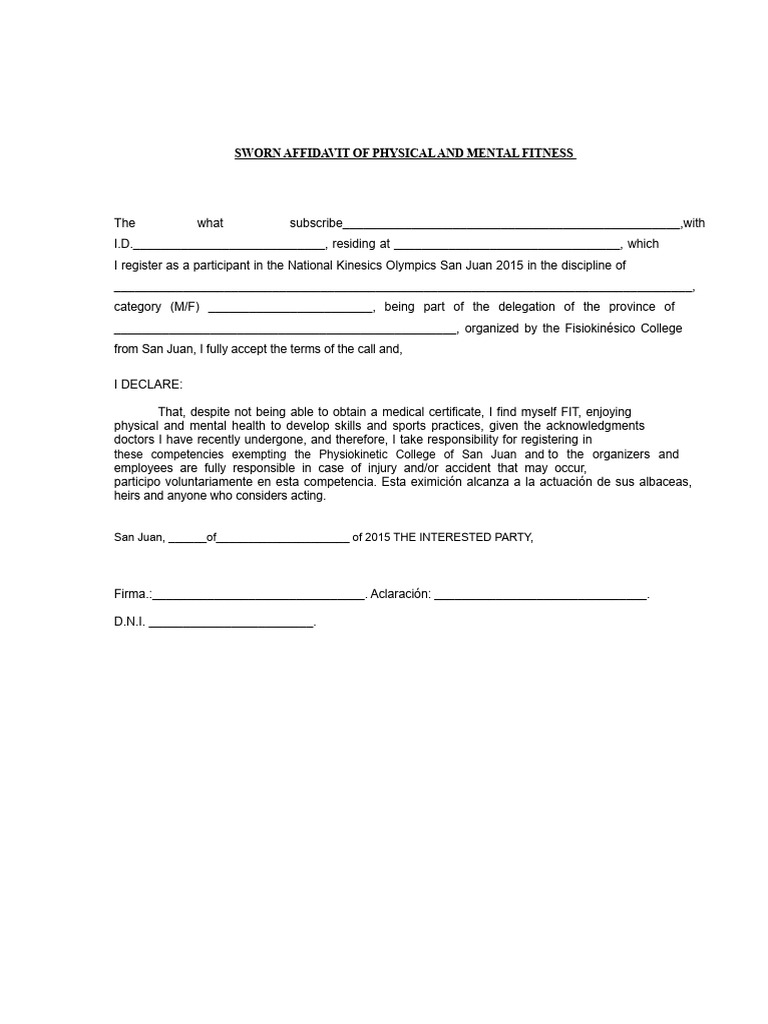 Affidavit of Fitness for Kinesics Olympics | PDF