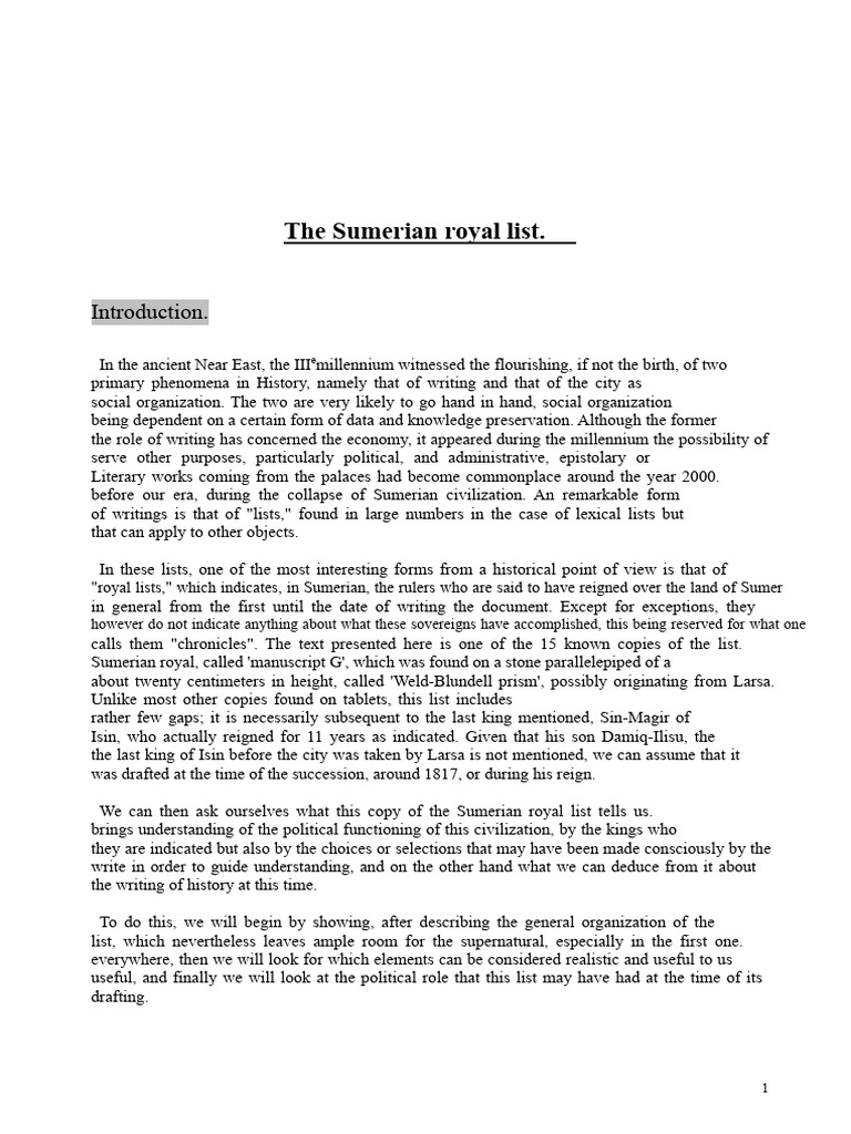 Sumerian Royal List Analysis | PDF | Sumer | Flood Myth