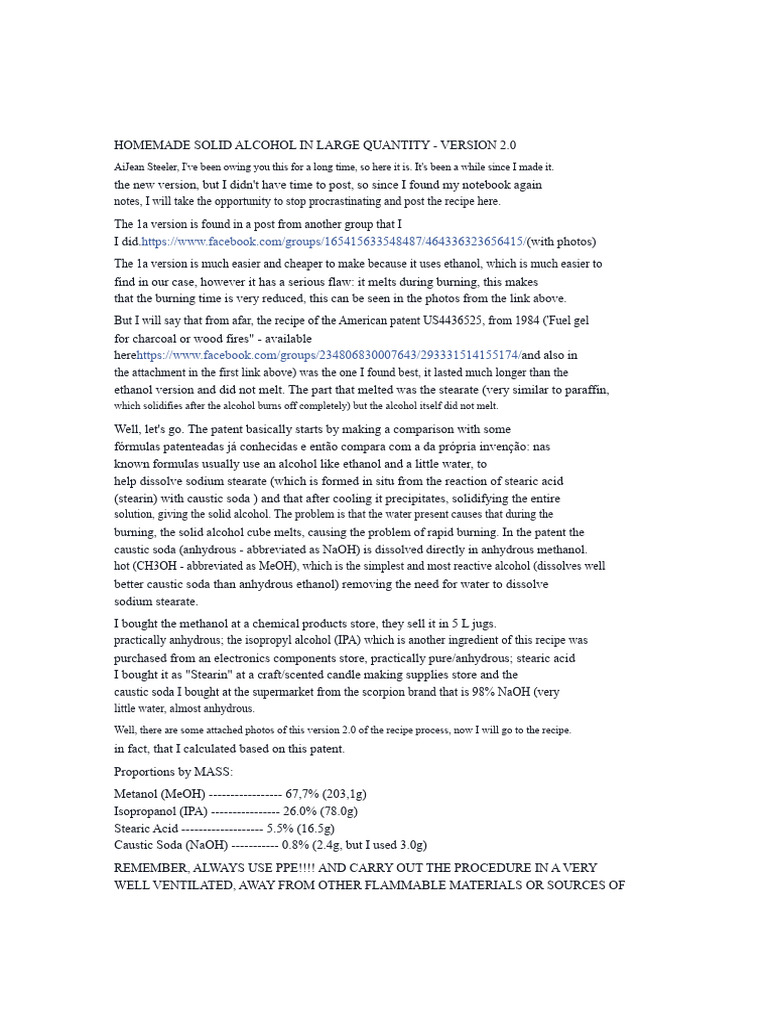 Homemade Solid Alcohol Recipe 2.0 | PDF | Sodium Hydroxide | Ethanol