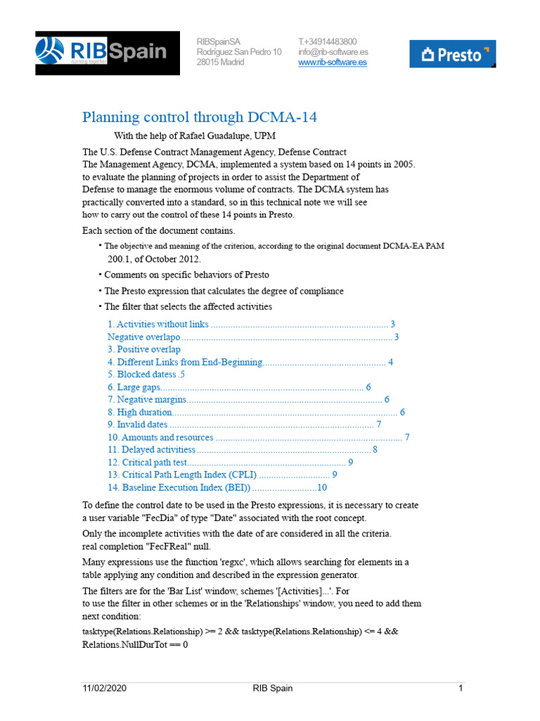 Control of Planning Through DCMA 14 | PDF