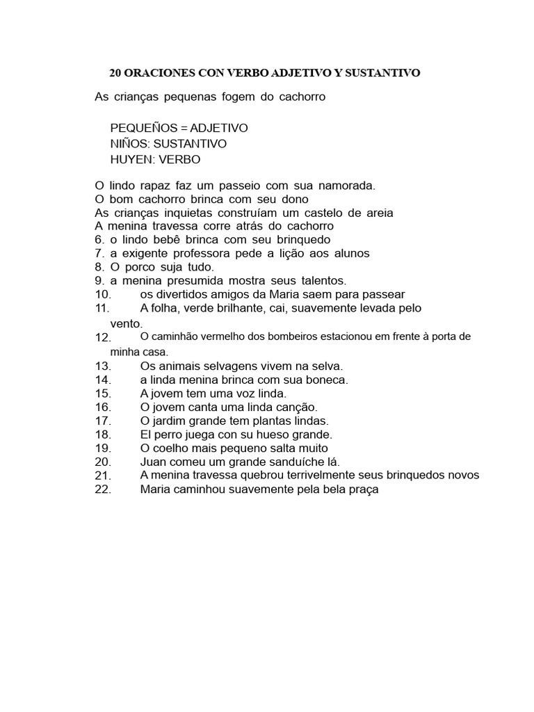 20 Frases Com Verbo, Adjetivo e Substantivo | PDF