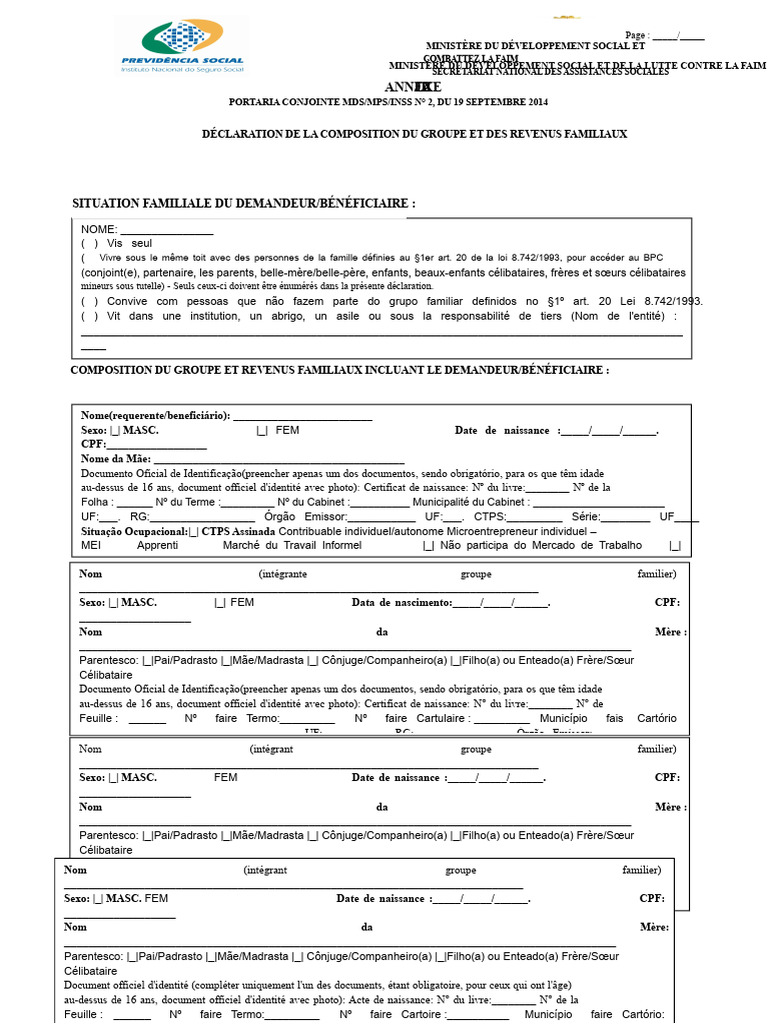 Déclaration de la composition du groupe et des revenus familiaux | PDF