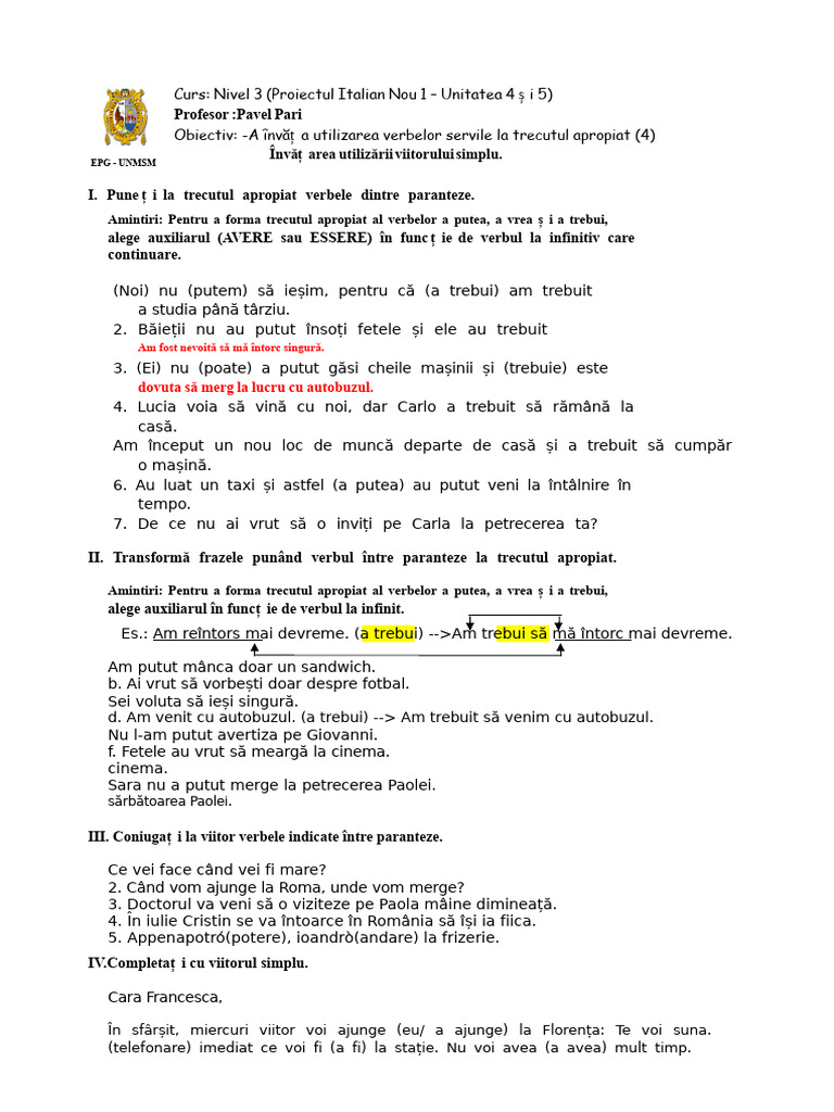 Verbe Servile La Perfectul Compus (4) - Viitor Simplu | PDF