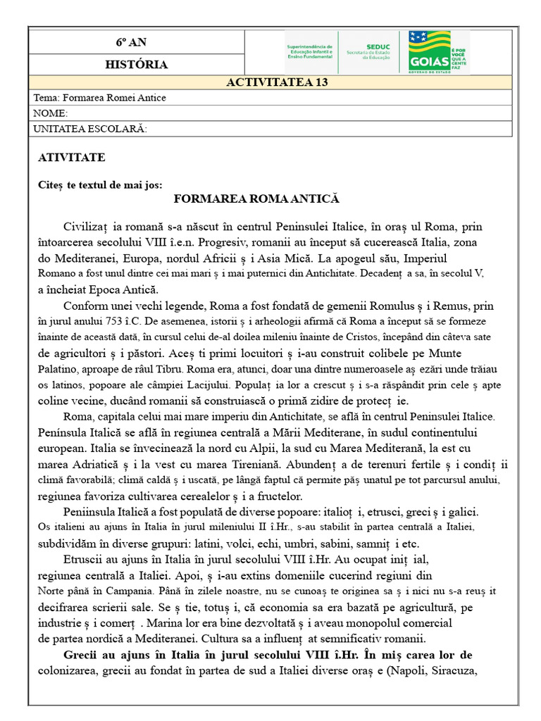 Activitate-13-Clasa A 6-a-HIS-Formarea Romei Antice-Student | PDF