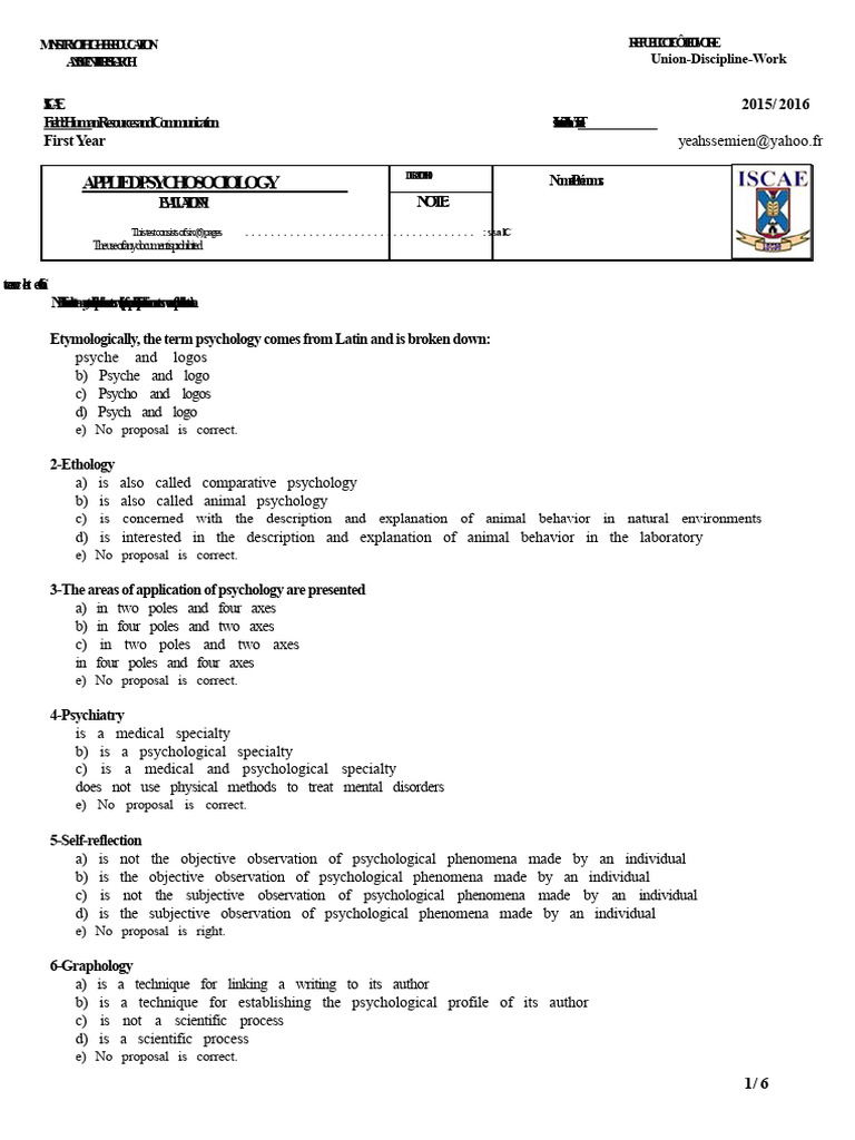 Psychosociology Evaluation Test 2015 | PDF | Psychology | Behaviorism