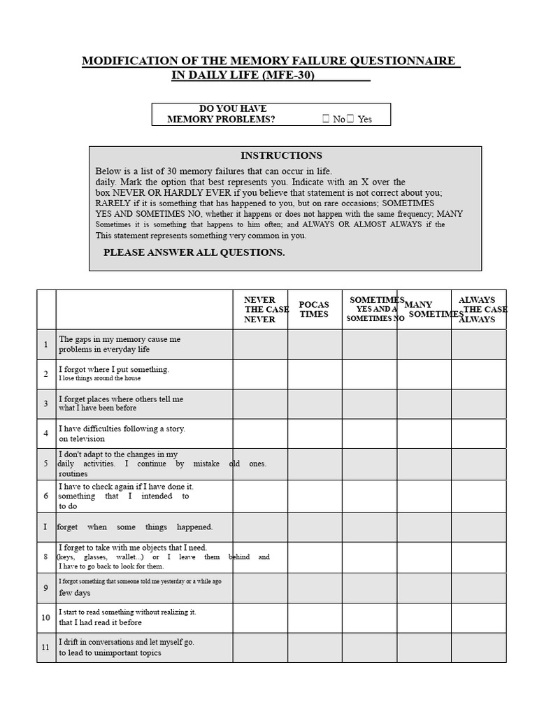 Memory Failure Questionnaire (MFE-30) | PDF | Questionnaire | Human ...
