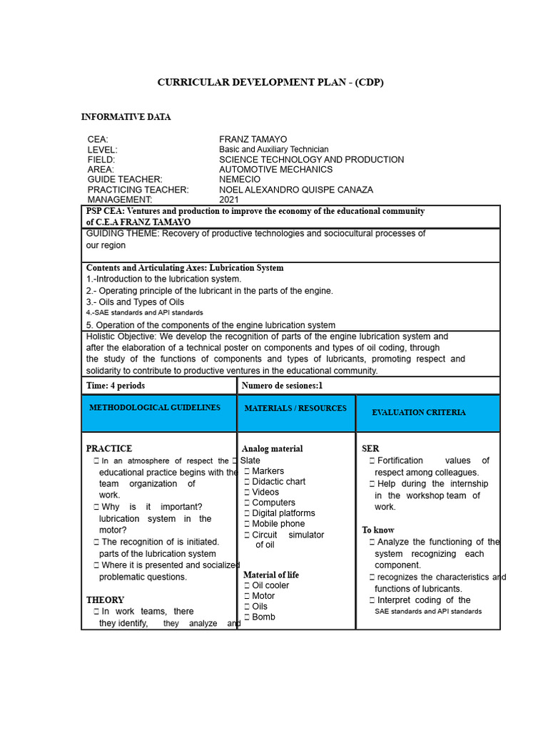 Automotive Mechanics Curriculum Plan | PDF | System | Evaluation