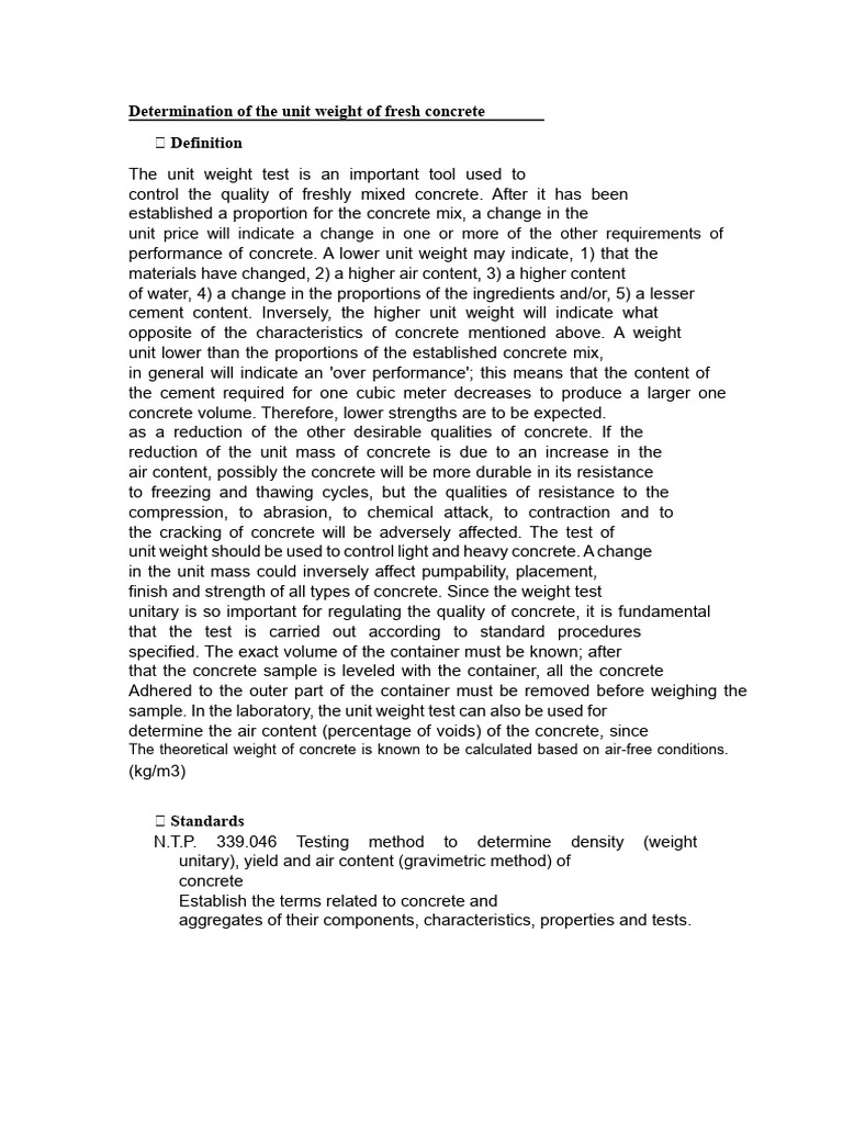Unit Weight Test for Fresh Concrete | PDF | Concrete | Density