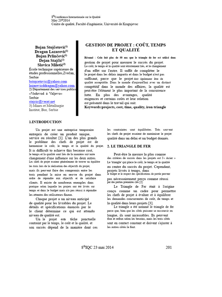 Triangle de Fer : Coût, Temps, Qualité | PDF | Planification ...