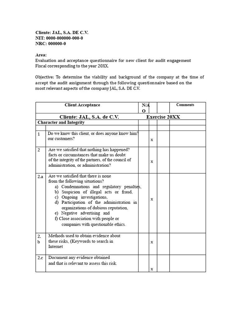 Client Acceptance and Evaluation Questionnaire for Tax Audit | PDF ...