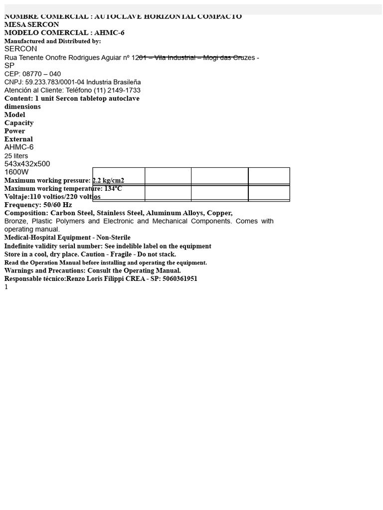 Sercon AHMC-6 Autoclave Operations Manual | PDF | Sterilization ...