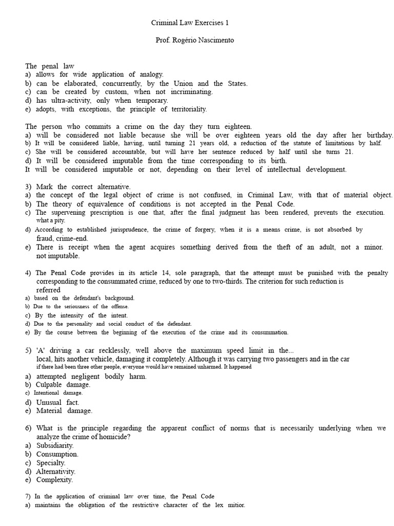 Criminal Law Exercises | PDF | Intention | Crimes