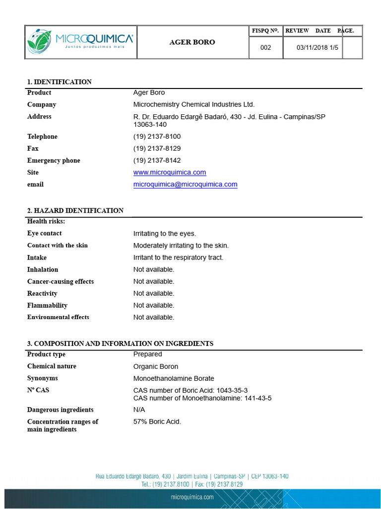 002 Safety Data Sheet Ager Boro | PDF | Boron | Toxicity