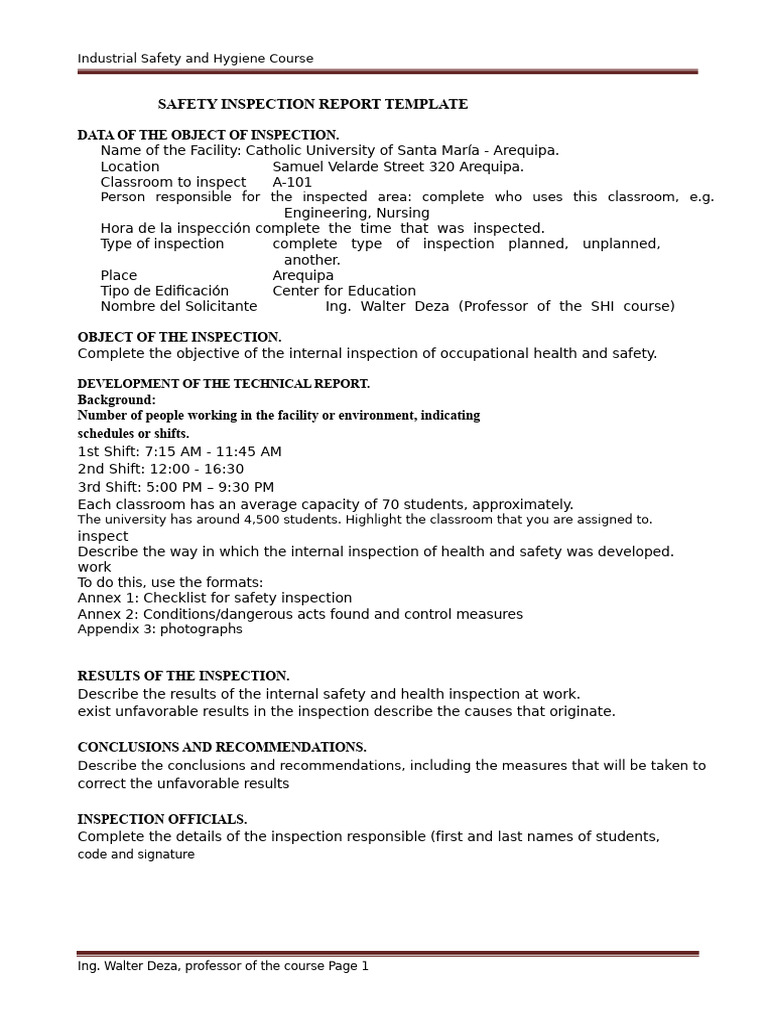 Safety Inspection Report for Classroom A-101 | PDF