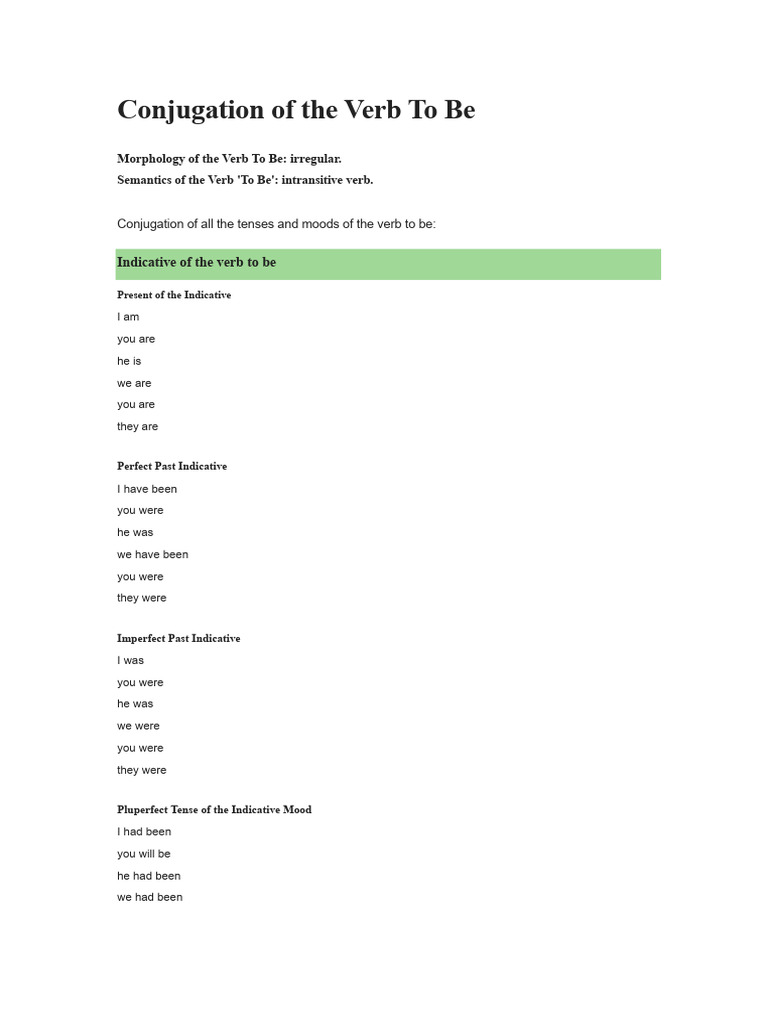 Conjugation of The Verb To Be | PDF | Perfect (Grammar) | Grammatical Tense