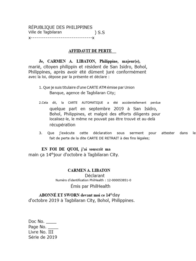 RCBC Banque Affidavit de Perte | PDF