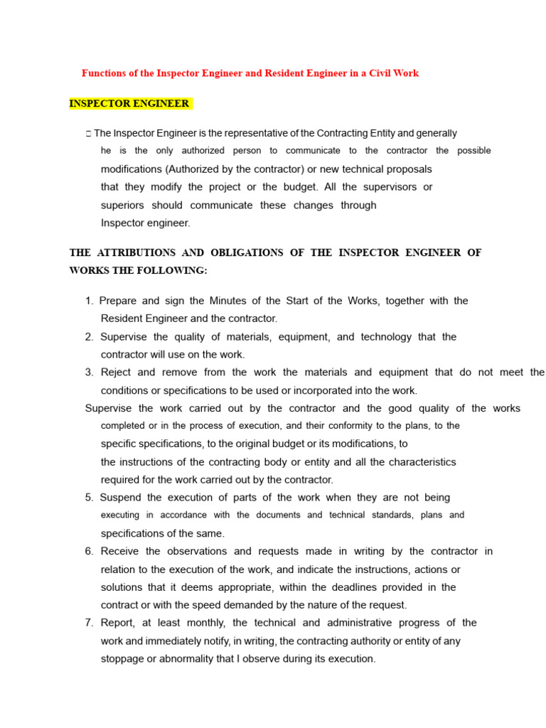 Roles of Inspector and Resident Engineers | PDF | Regulatory Compliance ...