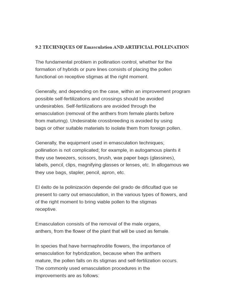 Emasculation and Pollination Techniques | PDF | Pollination | Pollen