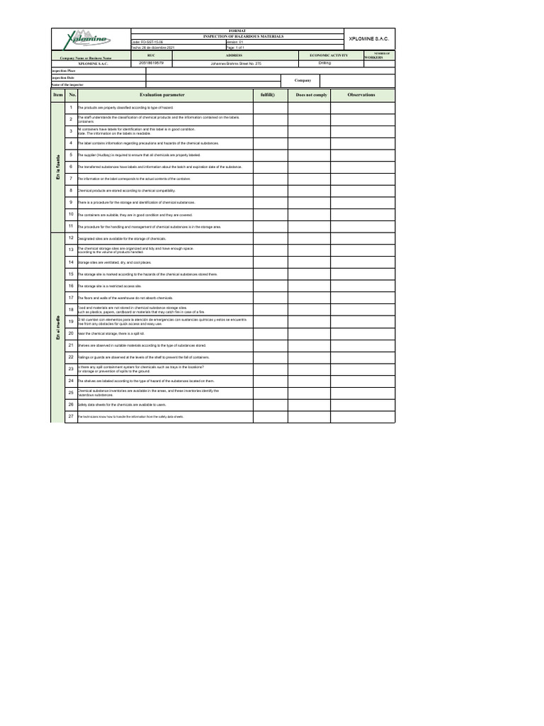 Hazardous Materials Inspection Report | PDF | Occupational Safety And ...