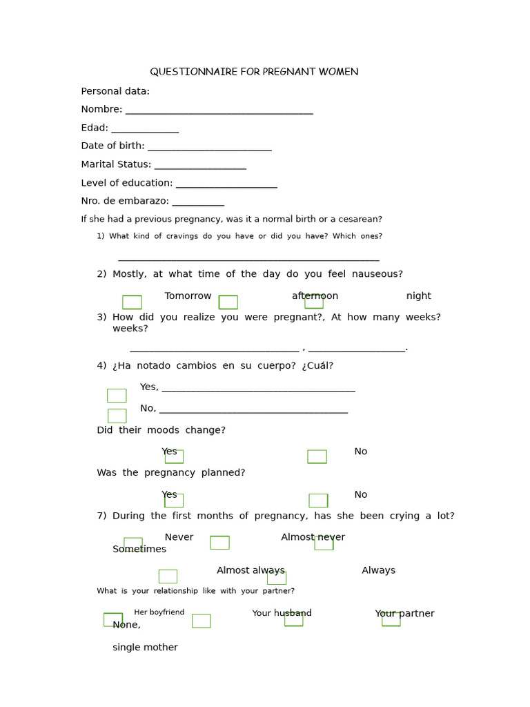 Pregnancy Questionnaire for Women | PDF | Pregnancy | Reproductive Rights