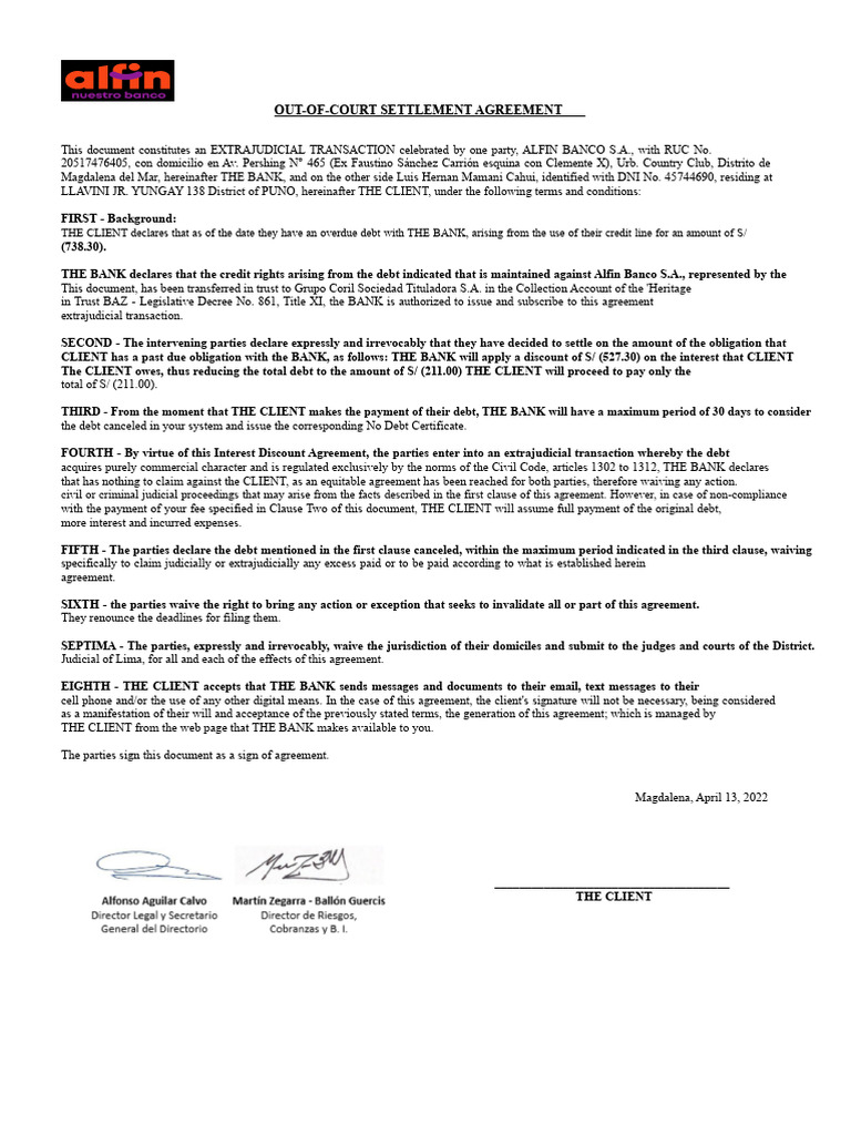 Extrajudicial Transaction Agreement and Credit Note | PDF | Debt | Banks
