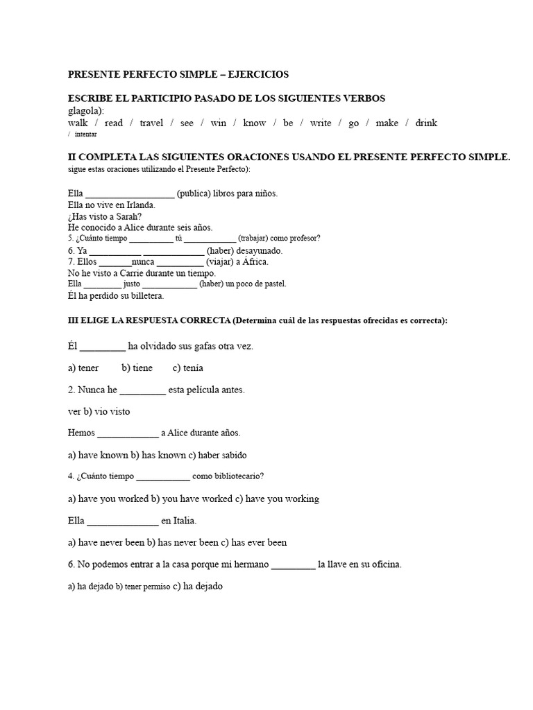 Presente Perfecto Simple y Pasado Simple - Ejercicios | PDF ...