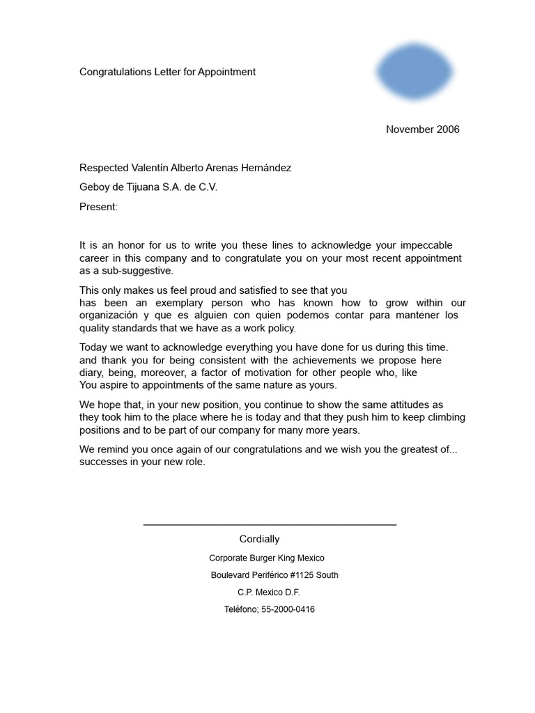 Letter of Congratulations On Appointment | PDF