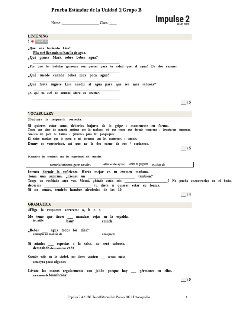 Prueba de Listening y Gramática A2/B1 | PDF | Dormir | Té