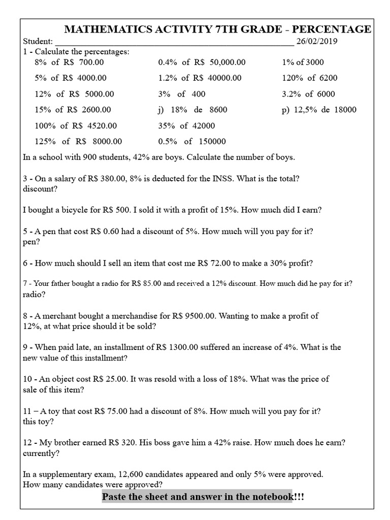 Mathematics Activity 7TH Grade | PDF