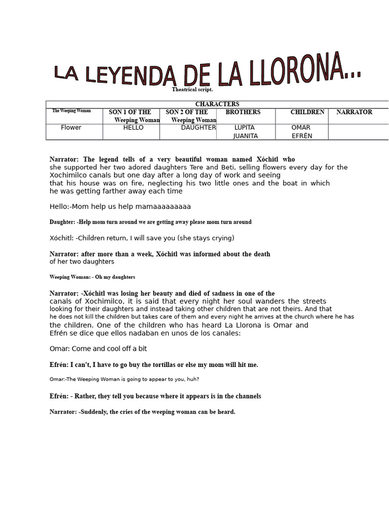 La Llorona: A Xochimilco Legend Script | PDF