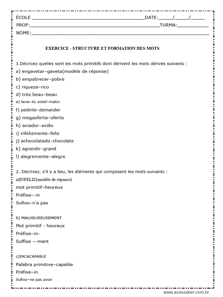 Exercices sur la formation des mots | PDF | Linguistique | Grammaire