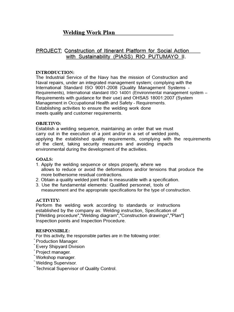 Welding Work Plan for PIASS Project | PDF | Specification (Technical ...