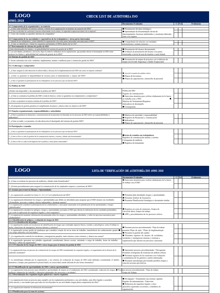 Lista de Verificación de Auditoría ISO 45001-2018 | PDF | Planificación ...