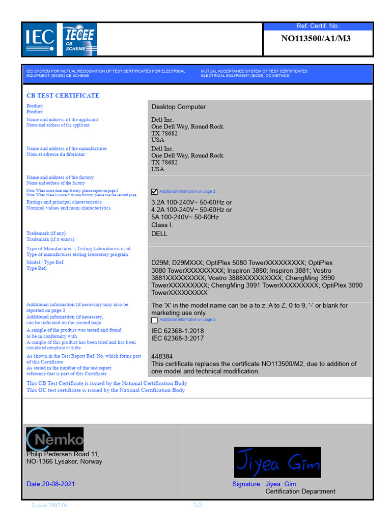 Dell Desktop Computer CB Test Certificate | PDF | Personal Computers | Dell