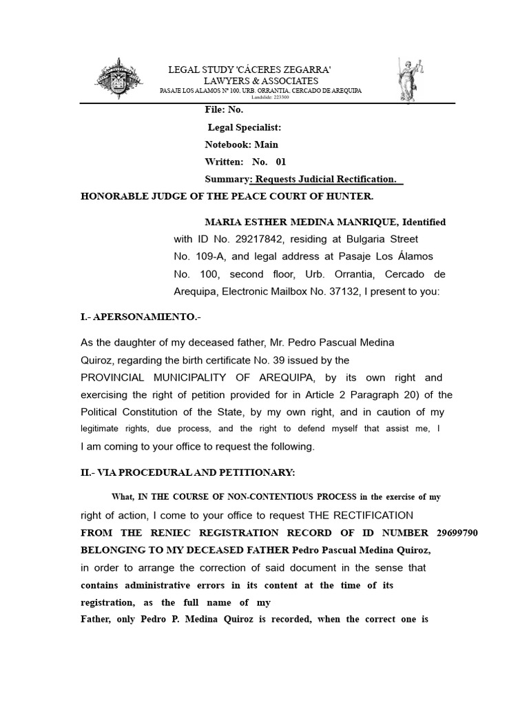 Judicial Rectification Request for ID Error | PDF | Birth Certificate ...
