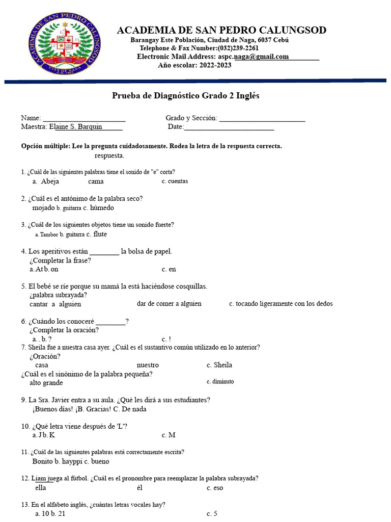 Prueba diagnóstica de inglés para segundo grado | PDF | Idiomas ...