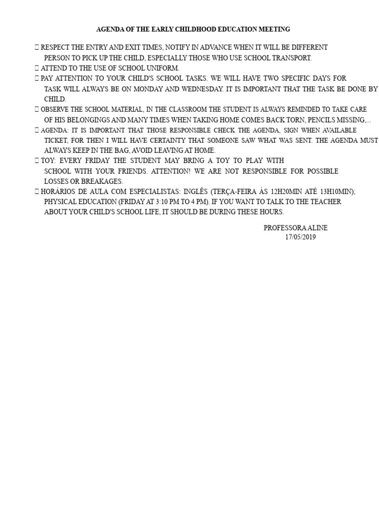 Agenda for the Early Childhood Education Meeting | PDF