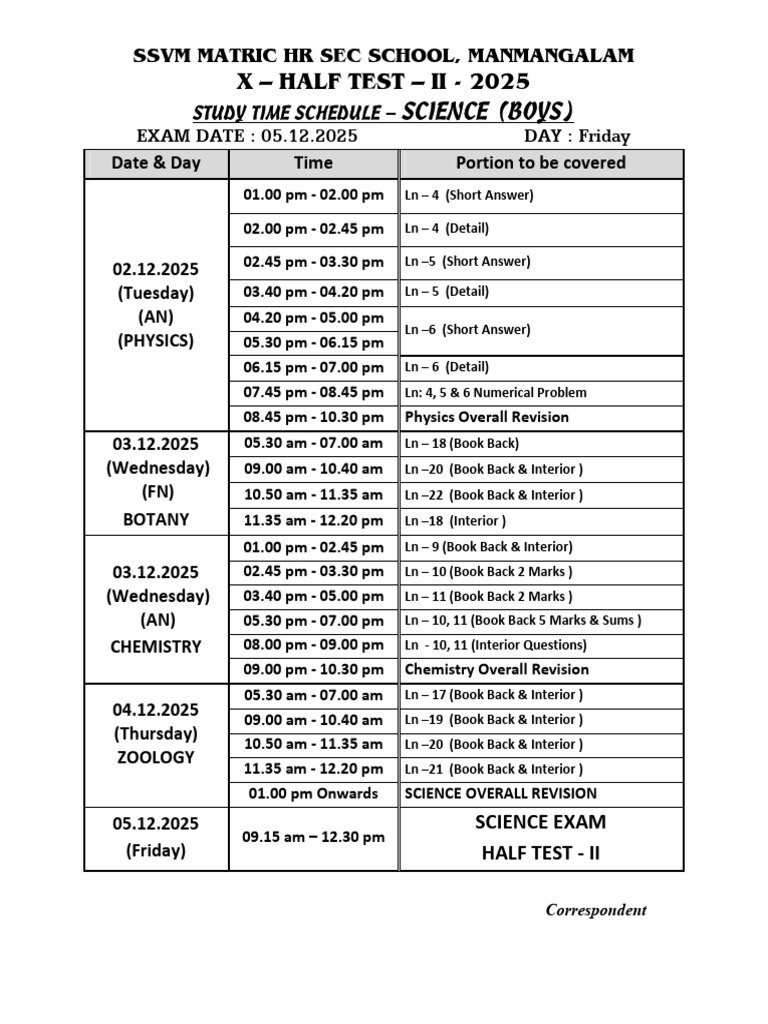 Science Study Schedule for Half Test II | PDF