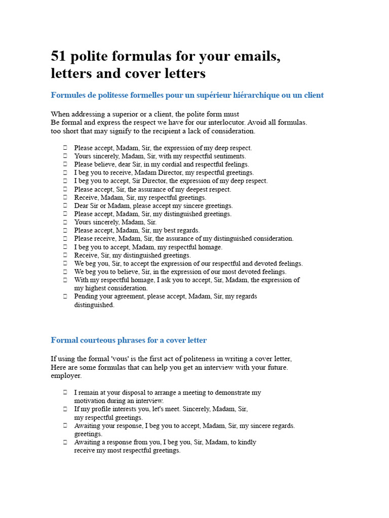 51 Polite Email and Letter Formulas | PDF | Madam | Nobility