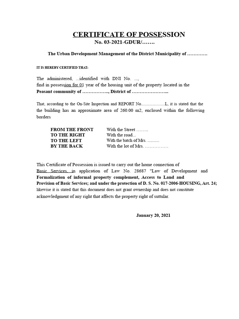 EXAMPLE OF CERTIFICATE OF POSSESSION | PDF