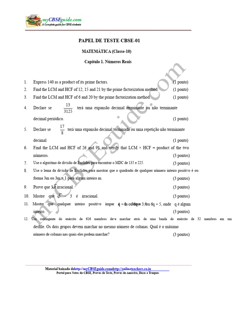 Teste de Matemática: Números Reais CBSE-10 | PDF | Números | Número real