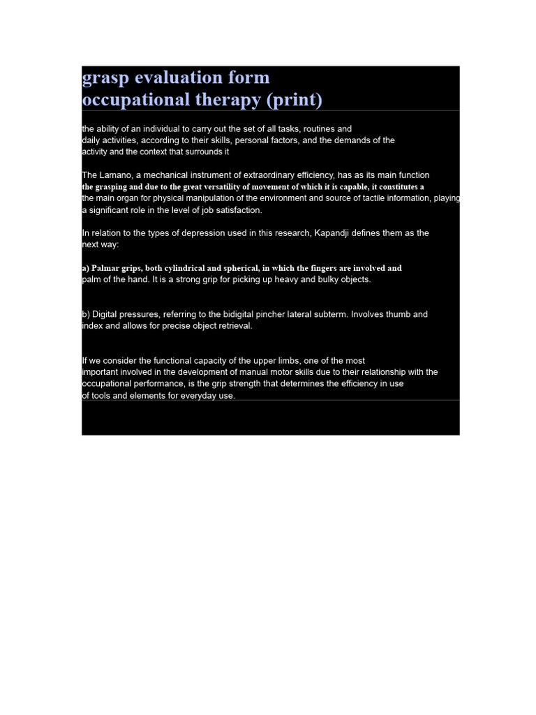 Grasp Evaluation Form for Occupational Therapy | PDF