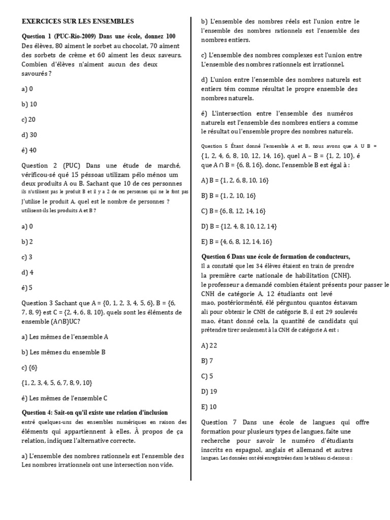 Exercices sur les ensembles mathématiques | PDF | Intersection ...