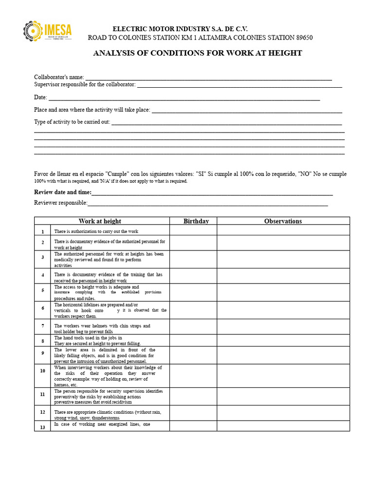Work at Height Safety Compliance Checklist | PDF
