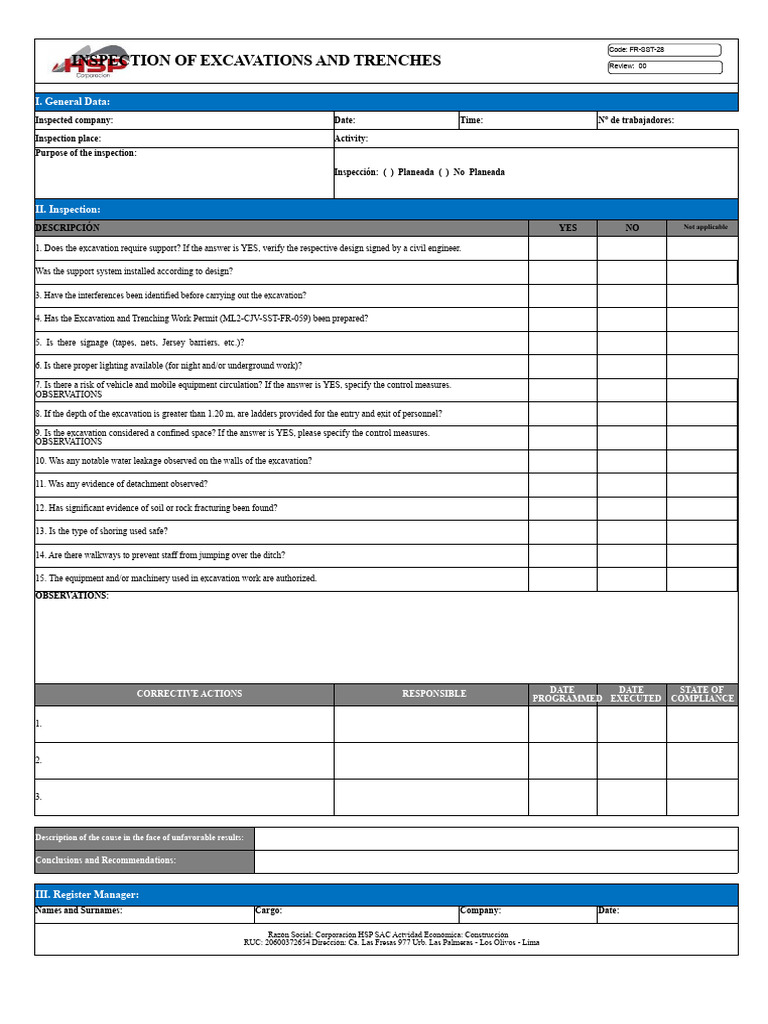 Excavation and Trench Inspection Checklist | PDF | Trench