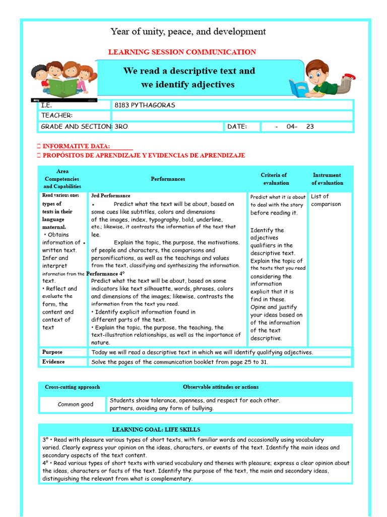 U Mon 3 We Read Descriptive Text and Identify Adjectives Week of April ...