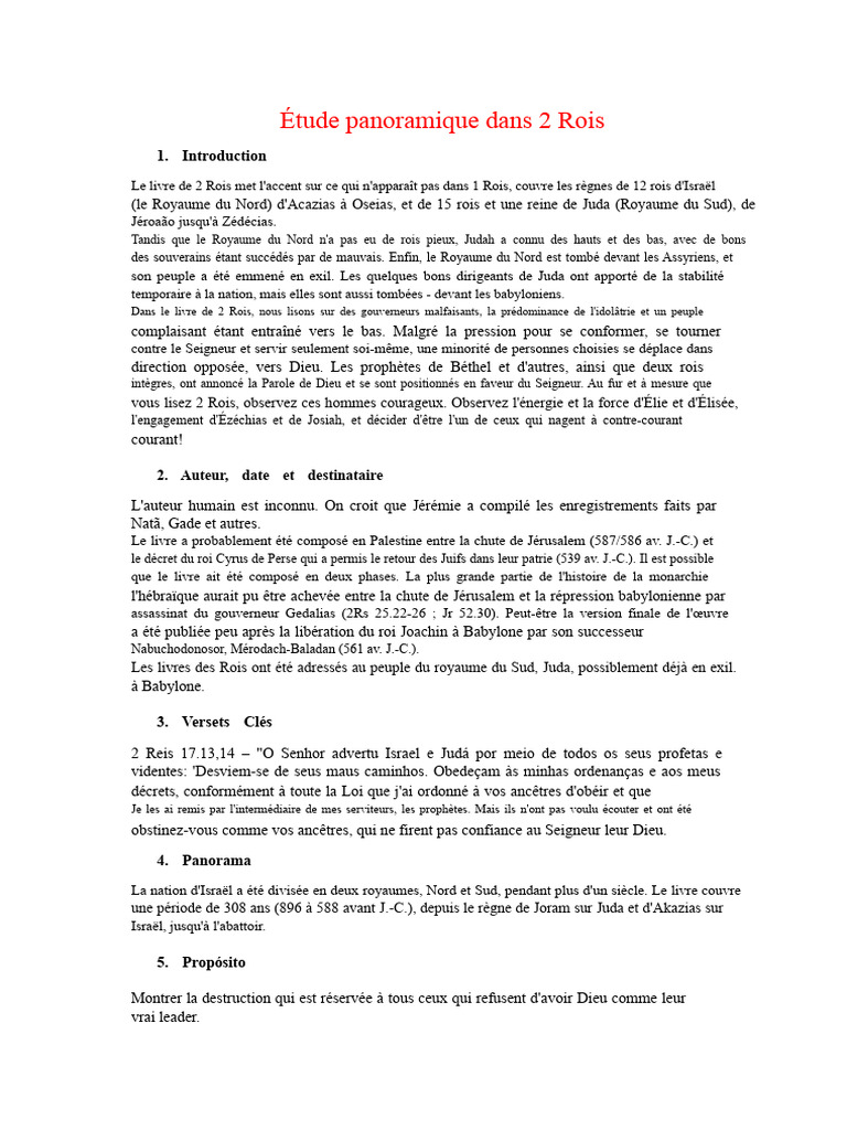 Analyse du livre de 2 Rois : Rois et Exil | PDF | Livres des Rois ...