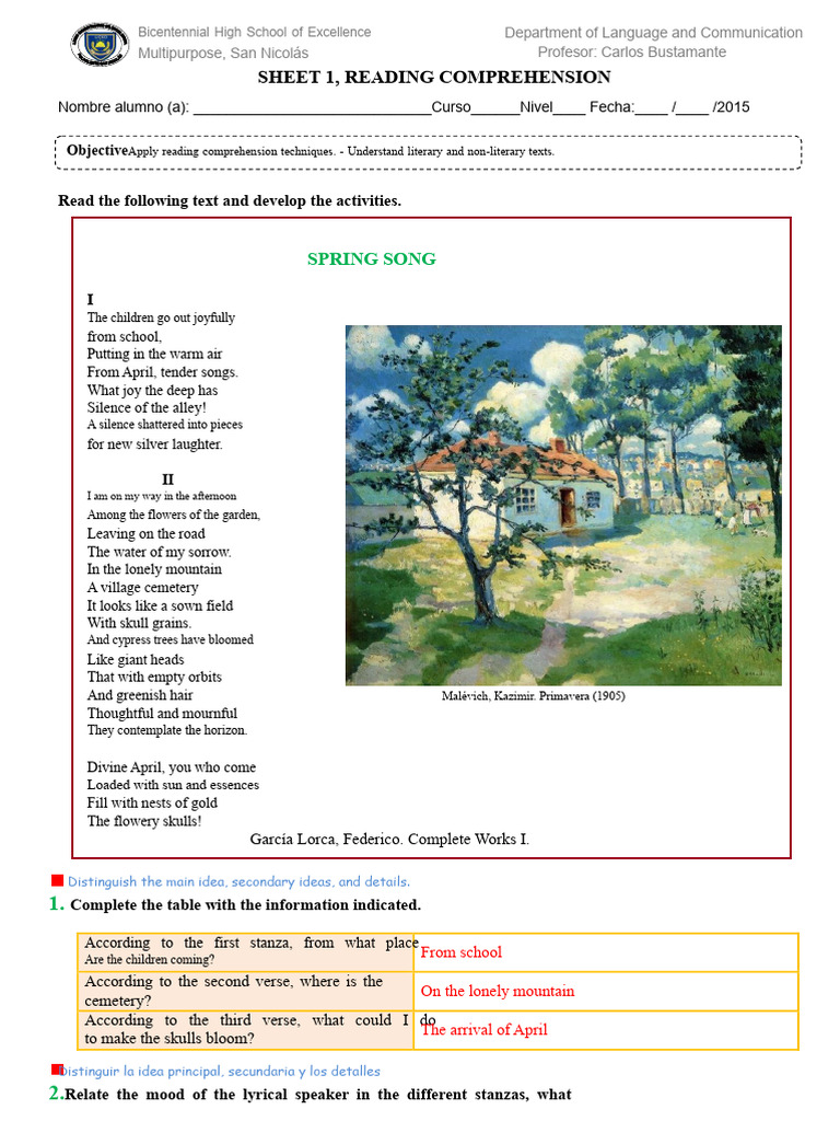 Reading Comprehension: Spring Song Analysis | PDF