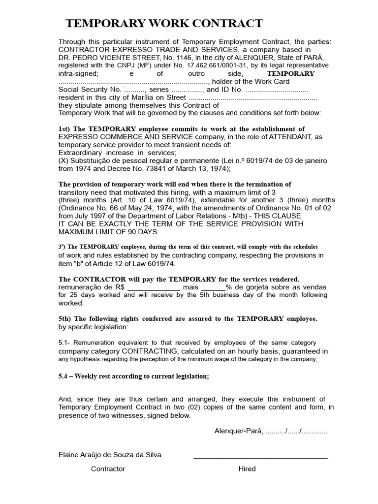 Temporary Employment Contract Template | PDF | Employment | Temporary Work