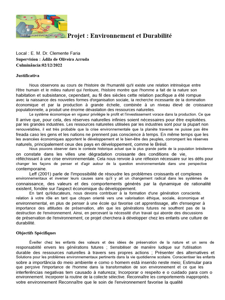 Projet Éducatif sur Environnement et Durabilité | PDF | Environnement ...